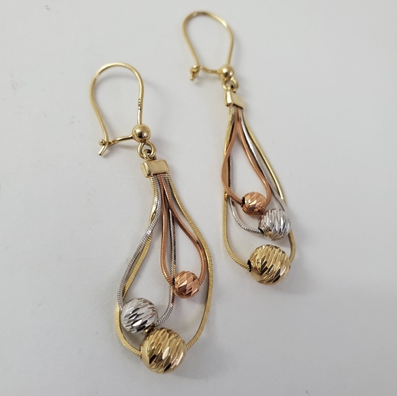 14K Gold Tricolor Bead Cascading Earrings - Picture 2 of 8